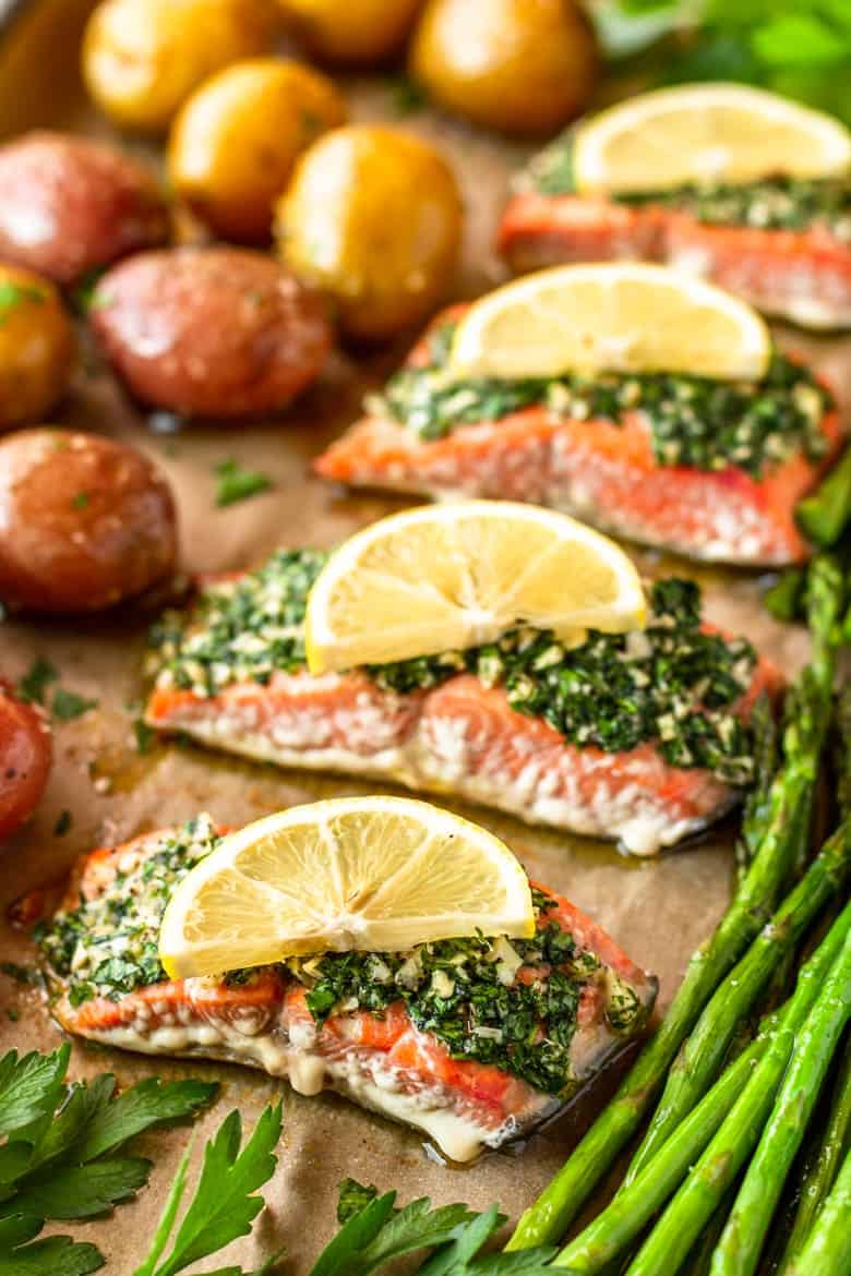 Parsley & Garlic-Rubbed Oven Baked Salmon With Asparagus & Potatoes